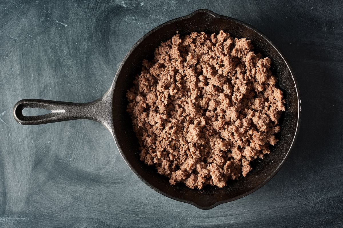 ground beef in cast iron pan