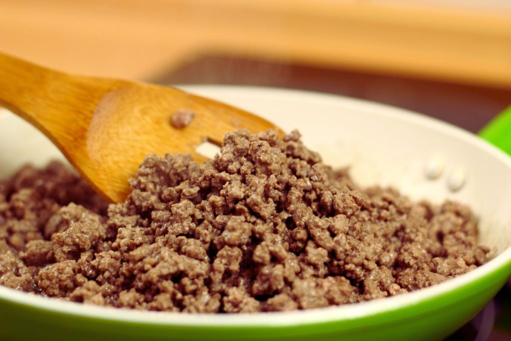 Browning ground beef in a skillet