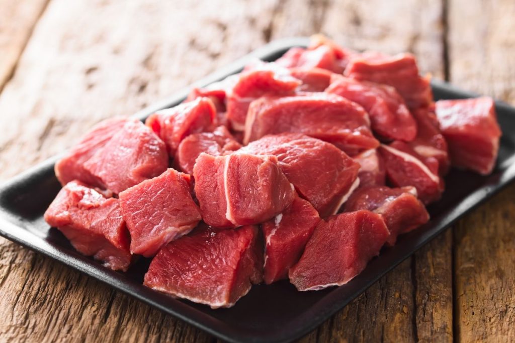 Lean raw beef roast chunks cut into 1 inch cubes