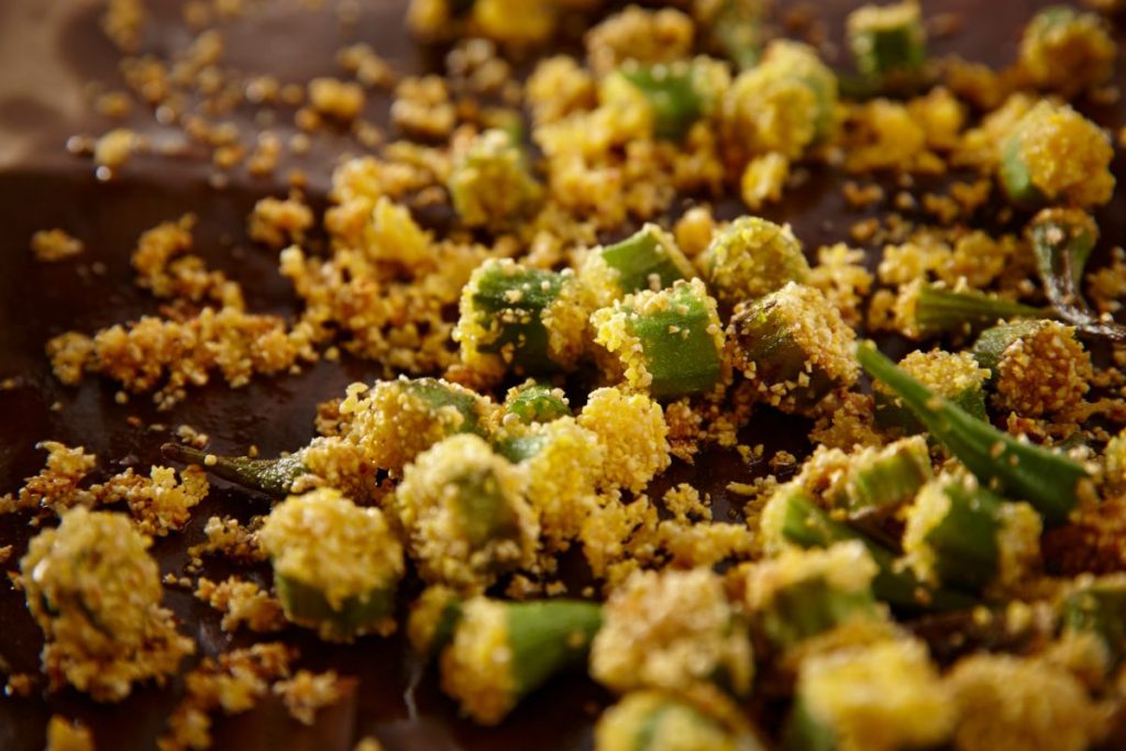 Fried okra pieces coated in cornmeal