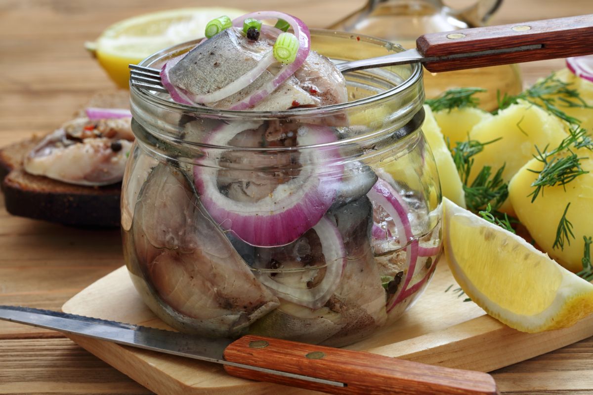 Pickled mackerel in a canning jar