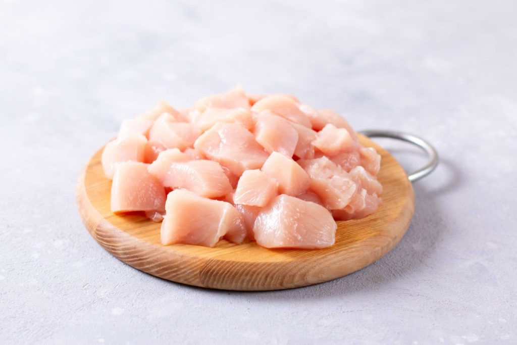 Cubes of chicken breast cut into one inch pieces