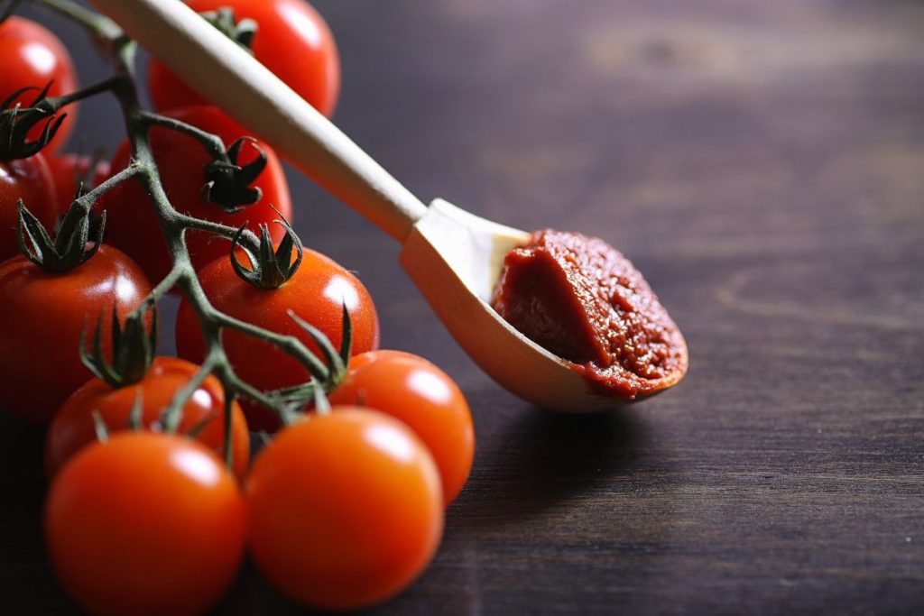 Tomato paste on a spoon resting against a pile of fresh tomatoes