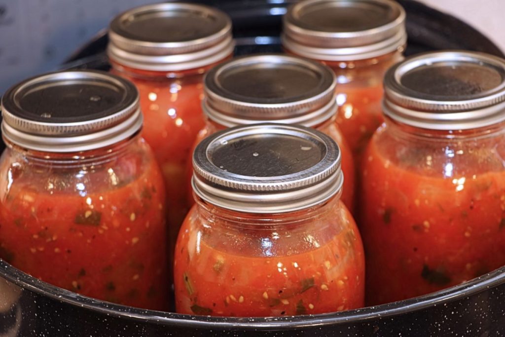 Jars of tomatoes in a water bath canner
