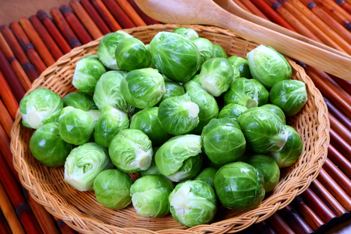 brussels sprouts in a woven bowl