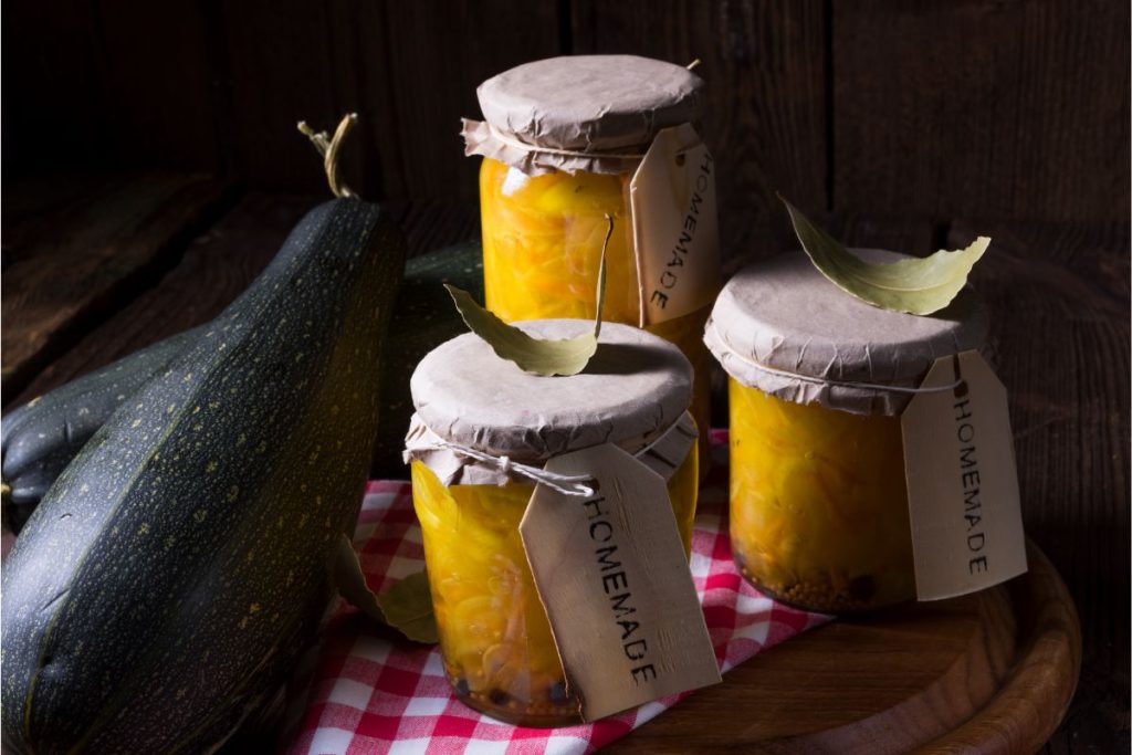 Summer squash relish in canning jars with tags