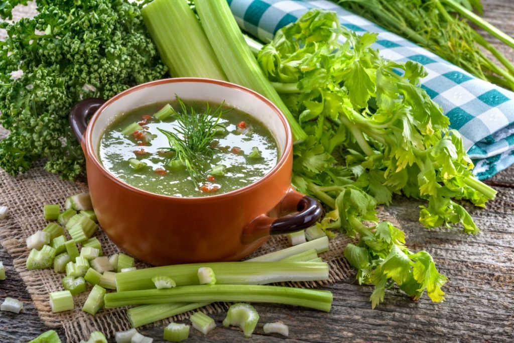 Bowl of celery soup surrounded by fresh celery