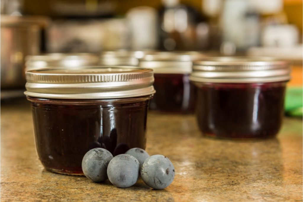 Half-pint sized jelly jars full of grape jelly