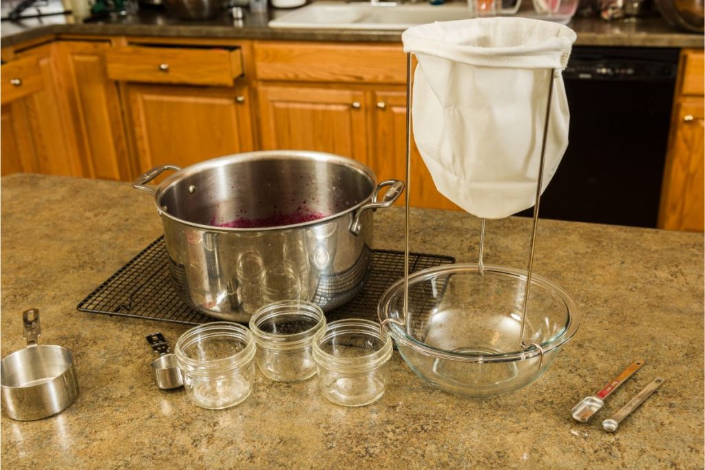 Jelly canning equipment on a kitchen counter