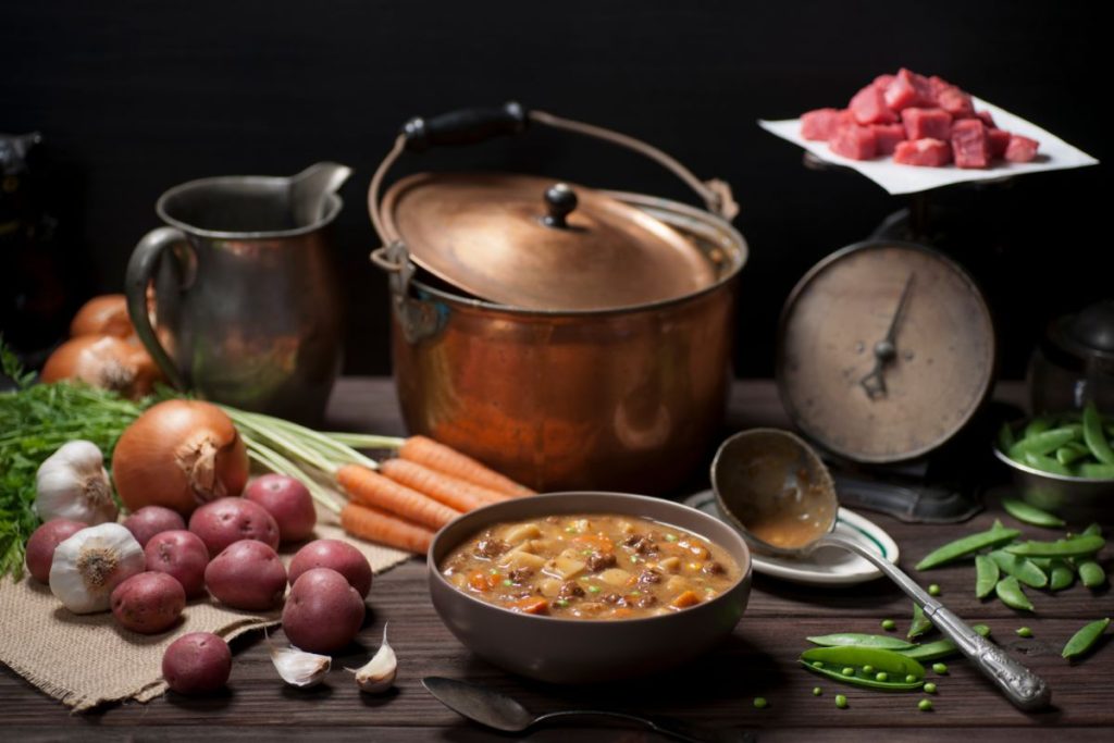 Ingredients for beef stew and a bowl of beef stew