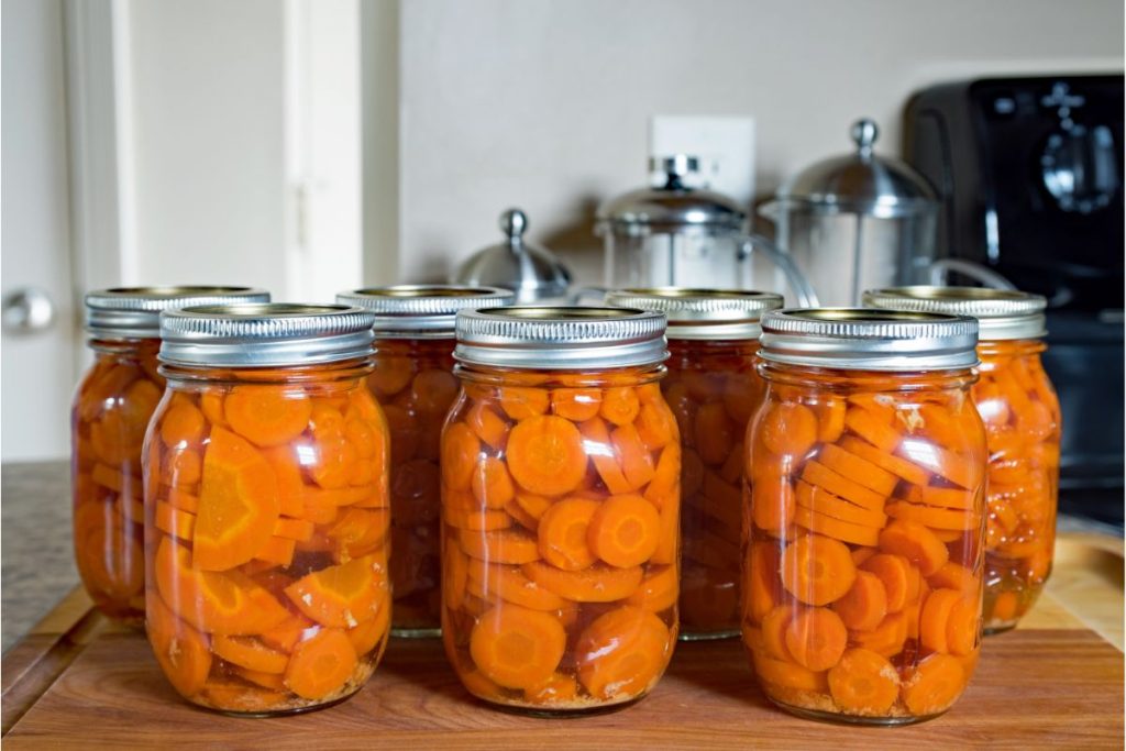 Several quarts of pressure canned carrots cooling on a table