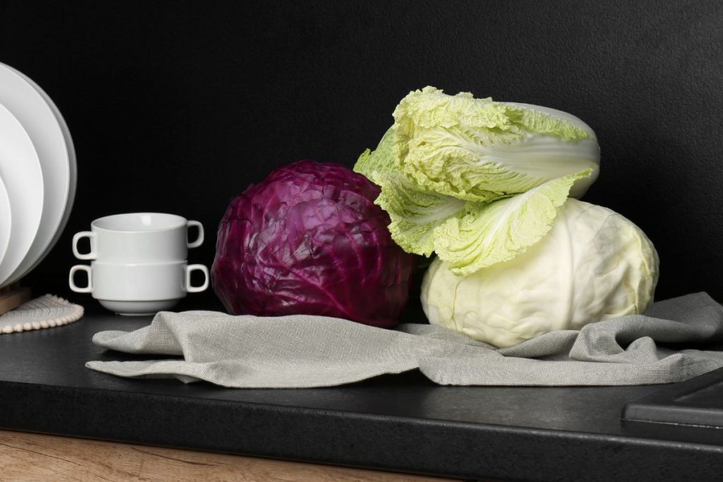 Different types of cabbages on a countertop