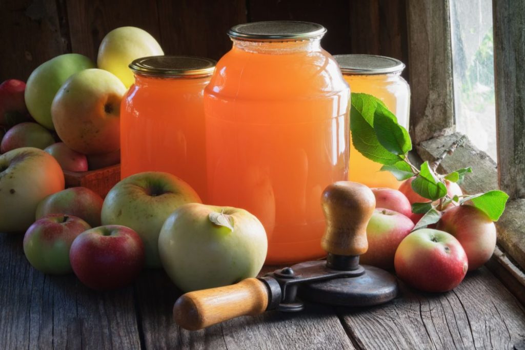 Canned apple juice surrounded by raw apples