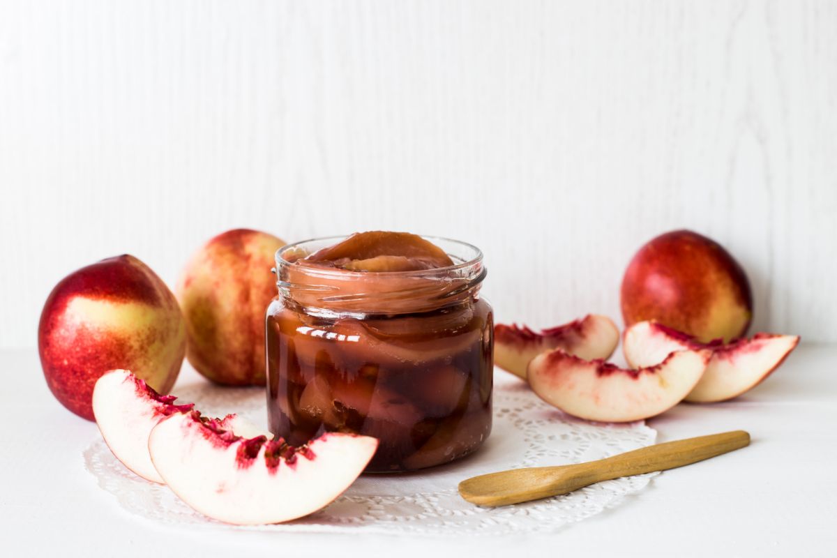 canned nectarines in an open jar