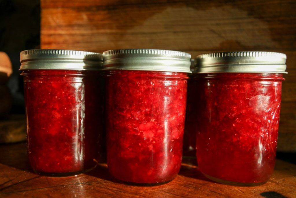 Canned strawberries in storage