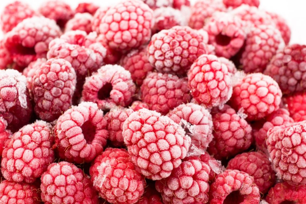 Frozen raspberries up close