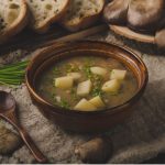 Rustic potato soup in a bowl with bread in the background