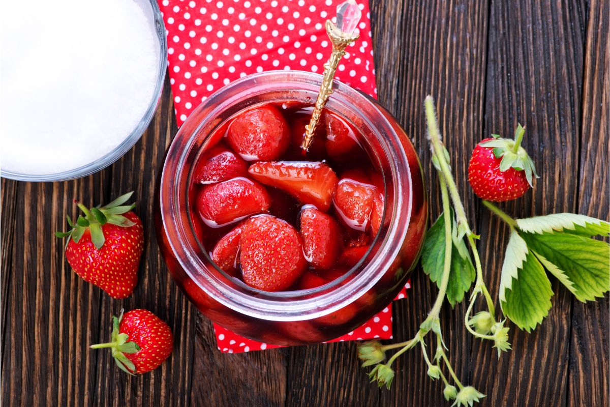 Strawberries canned whole in open canning jar