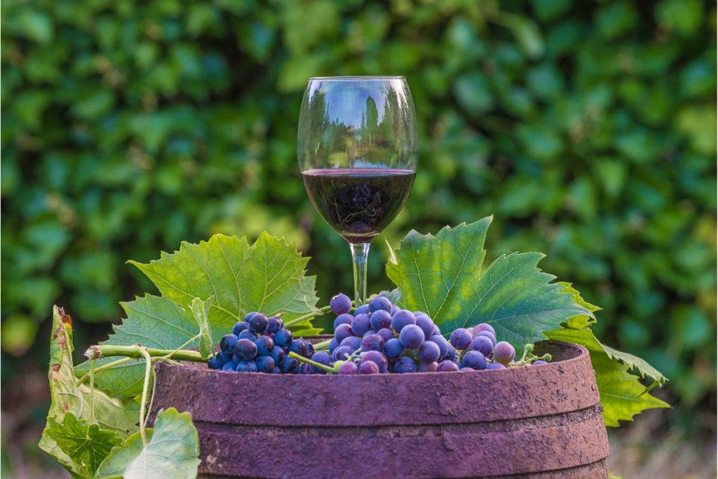 Wine glass sitting next to grapes on wine barrel